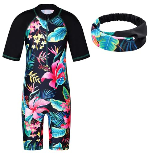 HUAANIUE Maillot de bain pour filles - Short de bain pour enfants - Rose - Une pièce - Maillot de bain pour enfants - Costume de bain pour enfants de 4 à 12 ans - Noir - Maillot de bain avec bandeau