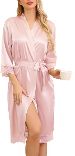 Sopesil Dam morgonrockar satin kimono morgonrockar brud lätt spets nattkläder myskläder för kvinnor mjuk V-ringad, Rosa, L