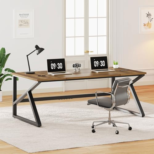 IBF Großschreibtisch 180cm helle Eiche,Tisch Holz-Metall Gaming Homeoffice | 180cm 2-Personen Schreibtisch Holz-Metall mit großer Platte für Monitore, geeignet für Gaming, Studium & Homeoffice