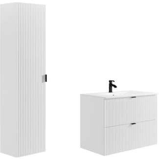 Vente-unique-Waschbeckenunterschrank hängend mit Einbauwaschbecken & Badhochschrank - Streifenoptik - Weiß matt - 80 cm - ZEVINI