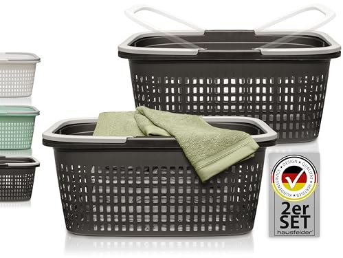 Hausfelder Wäschekorb, 2er Set, 58x37x25cm, Anthrazit | Kunststoff, 2er Set, 58x37x25cm, mit Henkel, Wäschekorb, Wäschewanne, Schwarz, Tragegriff, Anthrazit