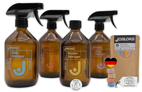 Joaloka Starter-Set, 4 Reiniger Tabs & 4 Reiniger Flaschen für Bad, Küche, Boden, Bad - vegan, ökologisch, ohne Microplastik, Refill System, Made in Germany