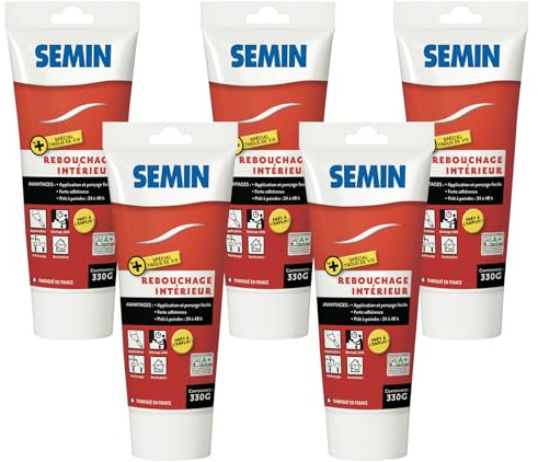 Semin - Enduit de Rebouchage et Lissage - Trous et Fissures - Intérieur - Tube de 330 g (Lot de 5)