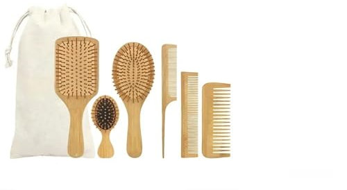 Ensemble de Brosses et Peignes en Bambou pour Cheveux, 5 Pièces, Combetter - démêlante en bambou naturel pour femmes, hommes et enfants, cheveux épais, fins, bouclés ou secs, massage du cuir chevelu