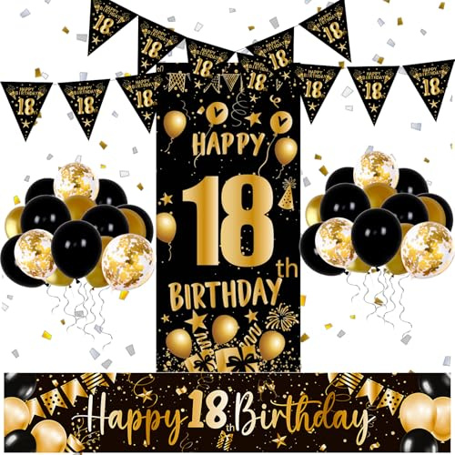 18th Birthday Decorations for Boys Girls-Happy 18 th Brithday Banners Black and Gold HAPPY 18th BIRTHDAY Balloons Decorations for 18th Brthday Decor-18 year old Birthday Decorations