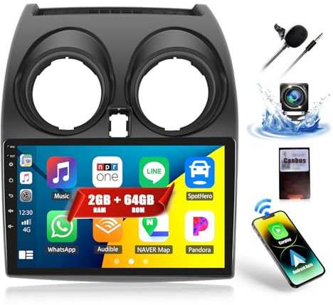 CAMECHO 2G 64G Android Car Stereo for Nissan Qashqai J10 (2008-2013) with Carplay Android Auto, 9 Touch Screen Bluetooth Car Radio GPS WiFi FM RDS Radio Head Unit with HD Reverse Camera + Canbus