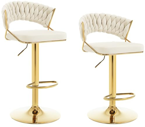WOLTU Barhocker 2er Set, mit geflochtener Rückenlehne, Samthocker, Creme | Barstuhl 360° drehbar, höhenverstellbar, Küchenhocker mit Fußstütze, Hocker für Bar Kücher Bar Küche, Metall