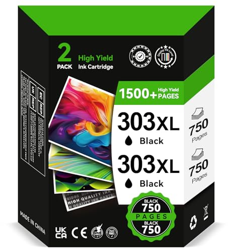 INKYEAH 303XL Druckerpatronen Schwarz- 2X 750 Seiten, Kompatibel für Original HP 303 Schwarz Druckerpatronen, 303 XL für Envy Photo 7134 7830 6232 6230 7130 6220 6234 7100 7155 7800 7834 Tango X