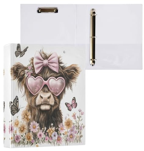 Ringbuch mit 3 Ringen, 3,8 cm, niedliches Hochlandkuh, Blumen, Schmetterlinge, dekorativer niedlicher Ordner mit 3 Innentaschen, Notizbuchordner für Schule, Büro, Zuhause, 1 Packung