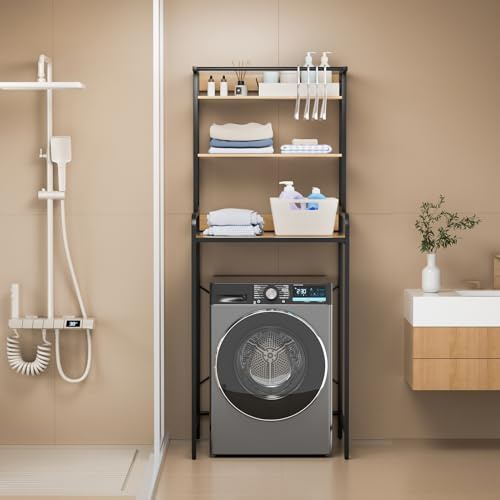 locwanot 3-Tier Adjustable Laundry Room Storage Rack - Over Washer Dryer Organizer with Anti-Skid Feet, Space-Saving Iron Utility Shelf for Bathroom, Kitchen, and Balcony - Easy Assembly Black