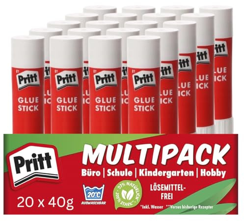 Pritt Klebestift – Kinderfreundlicher & langlebiger Bastelkleber mit 97% natürlichen Inhaltsstoffen, starke Haftung, saubere Anwendung ohne Wellen, ideal für Schule, Büro, Heimbedarf (20 x 40g)