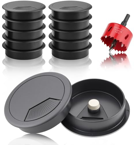 TXXATX 12 Stück Kabeldurchführung Schreibtisch 60mm Schreibtisch Kabeldurchführung Schwarz Tisch Kabeldurchlass mit Lochsäge 60mm für Tische Büroarbeitsplatten Home-Office
