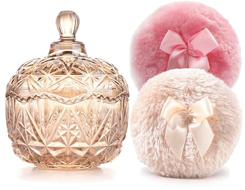 Luxury 4 Inch Glass Loose Powder Container with 2 Soft 3.5 Puffs｜Non-Sealed Refillable Organizer Storage for Body Powder Makeup & Jewelry & Setting Applicator(Crown-Amber)