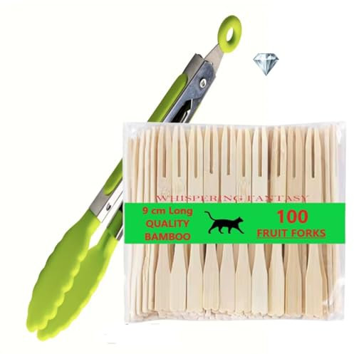WHISPERING FANTASY 100pcs Premium Quality Wooden Fruit Forks + Kitchen Tongs Bundle