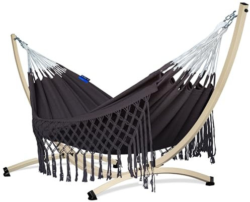Potenza Outdoor Hängematte mit Verzinkter Gestell für 2 Personen I Medelin Boho - 100% Baumwolle Doppelhängematte 230x160, 200kg I Hängemattengestell 220kg, wetterfest (Gestell Ecru, Kaffe)