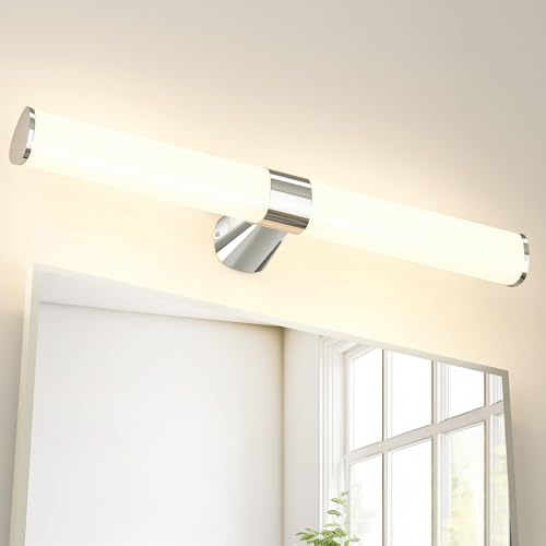 PRINCEWAY 15W LED Bathroom Wall Mounted Vanity Over Mirror Light, Bath Wall Lamp for Make Up, Chrome Color, Length 60CM, IP44 Waterproof, 1500Lm Not Dimmable, 3 Levels Selectable Lighting Colors