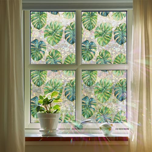 Fensterfolie Blickdicht 88X200CM Die Monstera Deliciosa Fensterfolie Sichtschutz von Aussen,Sichtschutzfolie Fenster Anti-Uv,Selbstklebend Statische Folie, Dekofolie für Wohnzimmer Küche Büro