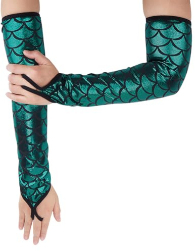 CABODYALS Grüne Fingerlose Handschuhe Metallisch Funkelnd Meerjungfrauen Handschuhe Lang Glänzend Glitzernd Fischschuppen Armstulpen Bühnenfäustlinge Großpackung Für Frauen Cosplay Kostüm Rave Party P