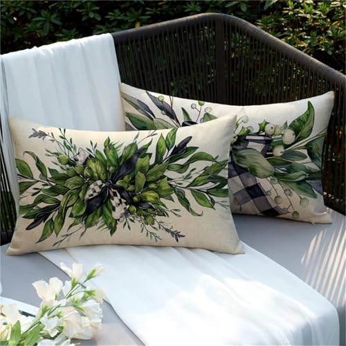 Outdoor Kissen Anlage Kissenbezug 20x40, 2 Stück Rechteckig Wetterfest Kissenbezüge Grün Dekokissen mit Unsichtbarer Reißverschluss, Doppelseitig Druckdesig, Terrassen Balkon Deko Kissen Y2-746