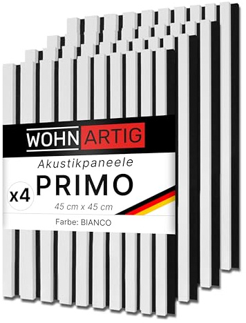 wohnartig® Wandpaneele PRIMO - Set 4 Stück je 450 mm x 450 mm | Farbe: Weiss | Akustikpaneele | Wandpaneele auf filz | Wandverkleidung