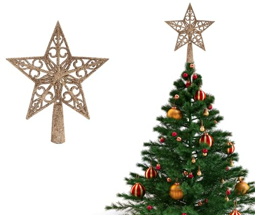 JIJICZ Weihnachtsbaumspitze Stern Vintage Leicht Klassisch Klein Kunststoff Glitzer Christbaumspitze perfekt für Weihnachtsdeko Weihnachtsbaumschmuck Dark Gold
