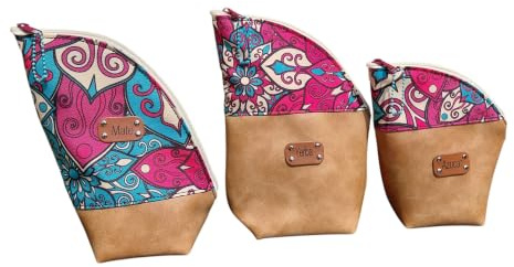 Genérico Set Matero Artesanal de 3 Piezas, Yerbera, Azucarera y Portamate, Cuero Ecológico Beige Mas Estampado Mandalas, Interior Forrado en tela lavable, Regalo Original