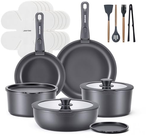 JEETEE Topf und Pfannensets mit abnehmbarem Griff 20-Teilig, Titan-Antihaft Pfanneset, Topfset Induktion, Kochtopf Set mit Deckel, Für alle Herde geeignet, Wohnmobil, Ofen und Geschirrspüler