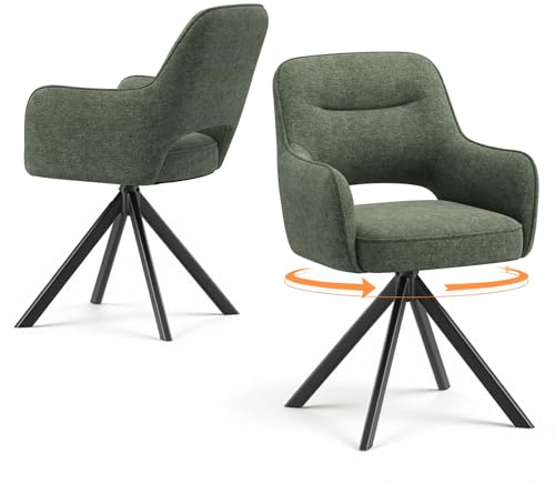 COLAMY Drehbare Esszimmerstühle 2er Set mit Armlehnen, Drehbare Polsterstühle für Küche & Esszimmer aus weichem Florstoff mit Metallgestell und Rückenlehne, für Esszimmer, Küche, Büro,Grün