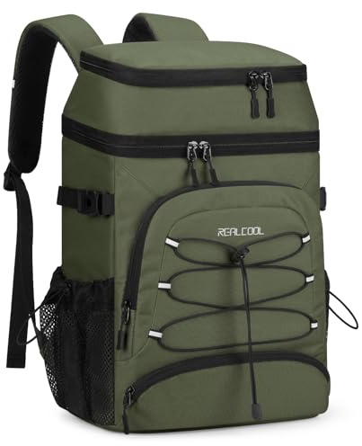 Realcool Backpack Cooler，33 Cans Insulated Leakproof Soft Cooler Bag Lightweight Camping Beach Lunch Backpack for Men Women,23L,Army Green