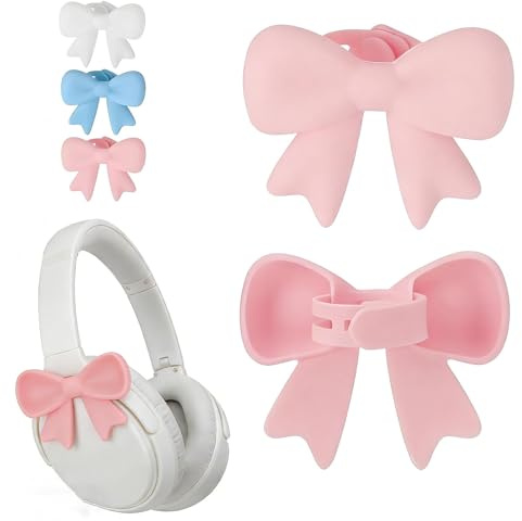 2 PCS Silicone Bow Headphone Accessory - Pink Bow Headphone Attachments, Cute Silicone Headphones Accessories Clips, Soft Bow Decor for Headphones & Headsets (Pink)