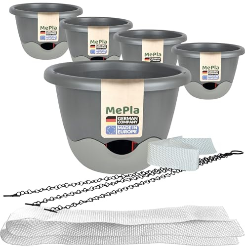 MePla - Set - 5 Stück Ampel Mareta ø30 Anthrazit/Grau + 2 x Ersatzbewässerungsband 62 cm – Selbstbewässernde Blumenampel mit Wasserspeicher – UV-beständig, wetterfest – für Balkon & Innenbereich