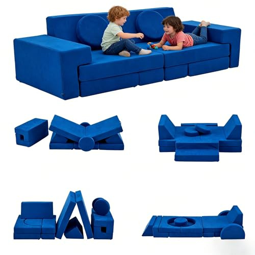 LALAHO Kindersofa Spielsofa für Kinder aus Kordsamt Cord，Klappbar Bausteine | Schaumstoff kindercouch & Kindersessel，Vielseitige über Frei Baubare DIY，für Kinder für Spielzimmer，Schlafzimmer Möbel（Blue）