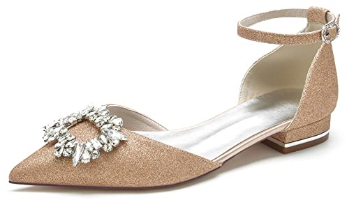 Yhsdfcn Glittriga Ballerinaskor med Spetsig Tå Kristallspänne och Fotledsrem för Bröllop Fest och Elegans,Champagne,EU42
