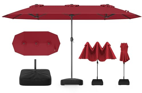 RELAX4LIFE Grand Parasol de Jardin Exterieur avec Pied, 4x2M Parasol Double pour Terrasse/Piscine/Marché, 12 Baleines Renforcées, Manivelle, Protection Solaire pour 6-8 Personnes (Bordeaux)