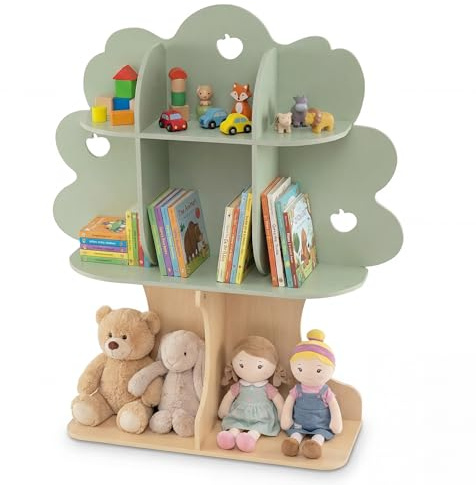 RELAX4LIFE Bücherregal Kinder, stehendes Kinderregal mit 8 offenen Fächern & Sockel, Spielzeugregal in Baumform mit Apfelmotiv, Montessori Kinderbücherregal für Kinderzimmer & Spielzimmer, Grün
