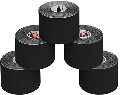 ALPIDEX 5 Rotoli Nastro Kinesiologico 5 m x 5,0 cm Tanti Colori E-Book Esempi Applicazione Tape Kinesiologico Muscolare Cerotto, Colore:nero