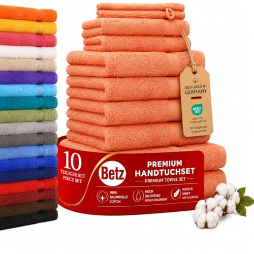 Betz Premium Handtuch-Set mit 10 Teilen – 100% Baumwolle, 4 Handtücher 50 x 100 cm, 2 große Duschtücher 70x140 cm, 2 Gästetücher 30 x 50 cm, 2 Waschhandschuhe, orange