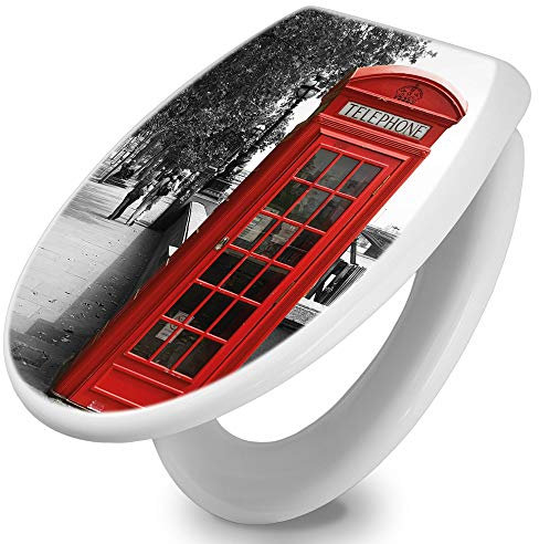 banjado Toilettendeckel mit Absenkautomatik 44,5x37cm / WC Brille Soft Close/hygienischer Toilettendeckel/Klodeckel Duroplast Edelstahl Scharniere einfache Montage/Motiv London Red Telephone