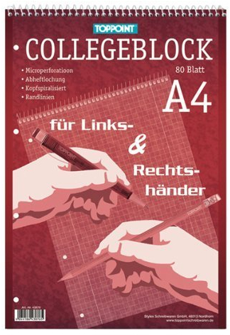 Toppoint Collegeblock DIN A4, 12er Pack, kariert, für Rechts & Linkshänder, 80 Blatt, holz- und chlorfreies Papier, weiss (12er Pack, kariert)