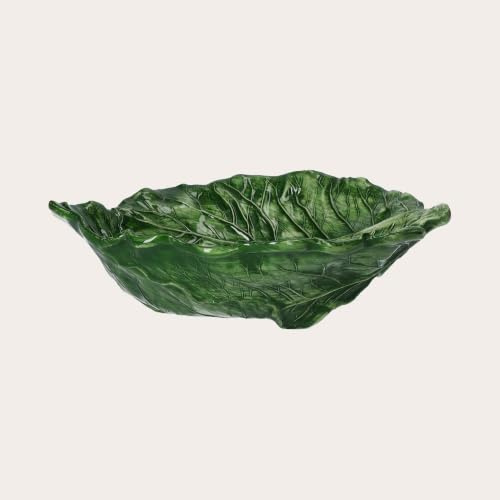 Keyhomestore-Insalatiera a forma di foglia di Verza, Colore verde, in ceramica italiana artistica decorata a mano Made in Italy - 33x30 cm -100% made in Italy. Insalatiera, accessorio per la tavola.