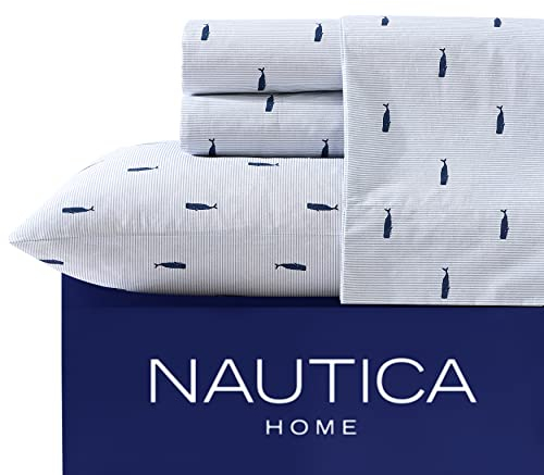 Nautica - Lenzuola per letto matrimoniale XL, set di biancheria da letto in percalle di cotone, decorazione per la casa costiera, elementi essenziali per la camera da letto (balena a righe blu, Twin