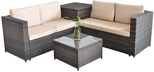 Melko Gartenlounge Set Ecksofa mit Glastisch und Aufbewahrungsbox Polyrattanlounge 185x185CM
