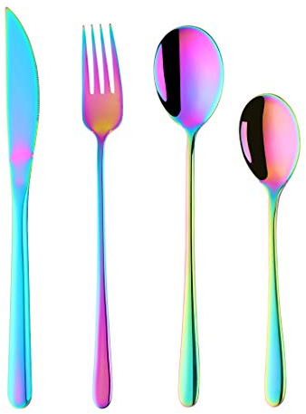 4-Pieces Rainbow Camping Cutlery Set (Steak Knife, Table Fork, Long Spoon and Teaspoon) 304 Stainless Steel 18/10, Use for Home, Restaurant, Travel