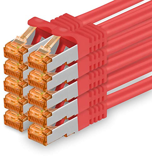 1aTTack.de 0,25m - Cat.7 Netzwerkkabel Rot - 10 Stück Gigabit Ethernet LAN Kabel 10000 Mbit s Patchkabel Cat7 Kabel S FTP PIMF Schirmung LSZH Cat.7 Rohkabel Rj45 Stecker Cat 6a - 10 x 0,25 Meter