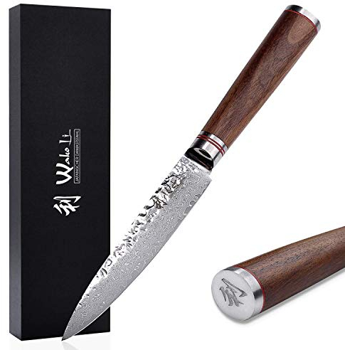 Wakoli Nussbaum Allzweckmesser 12,5 cm | aus 67 Lagen Damaststahl mit VG10-Kern | mit ergonomischem Nussbaumholzgriff | für Fleisch, Fisch & Gemüse | in Geschenkbox für Hobby- & Profiköche
