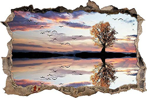 3D-Effekt Wandtattoo Aufkleber Durchbruch selbstklebendes Wandbild Wandsticker Stein Wanddurchbruch Wandaufkleber Tattoo,Spiegelung von schönem Baum,Größe:80x125cm
