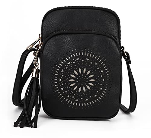 GLITZALL Small Crossbody Phone Bag for Women Ladies Faux Leather Mobile Phone Purse with Tassel Hollow Out Shoulder Bag Lightweight Messenger Bag with Adjustable Strap