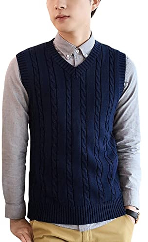 Yishengwan Gilet Uomo Scollo a V Maglione Senza Maniche Autunno e Inverno Maglia Pullover Blu Zaffiro XS
