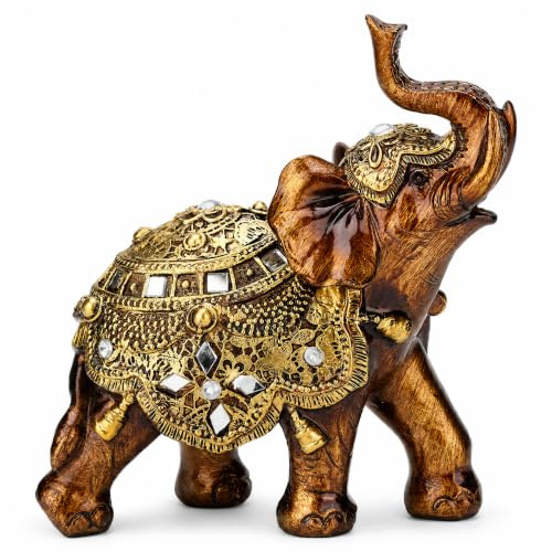 PAER Goldene Polyresin-Elefanten-Statue, Elegante Elefanten-Statue mit nach Oben Gerichtetem Rüssel, Reichtum, Glücks-Sammelfigur, Geschenk, Heimdekoration, Feng Shui-Ornament, Elefant-Dekoration(L)