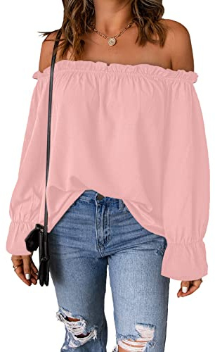 Spriolim Womens Off Shoulder Blouse Tops Long Sleeve Casual Solid Color Chiffon Shirts Pink, Small